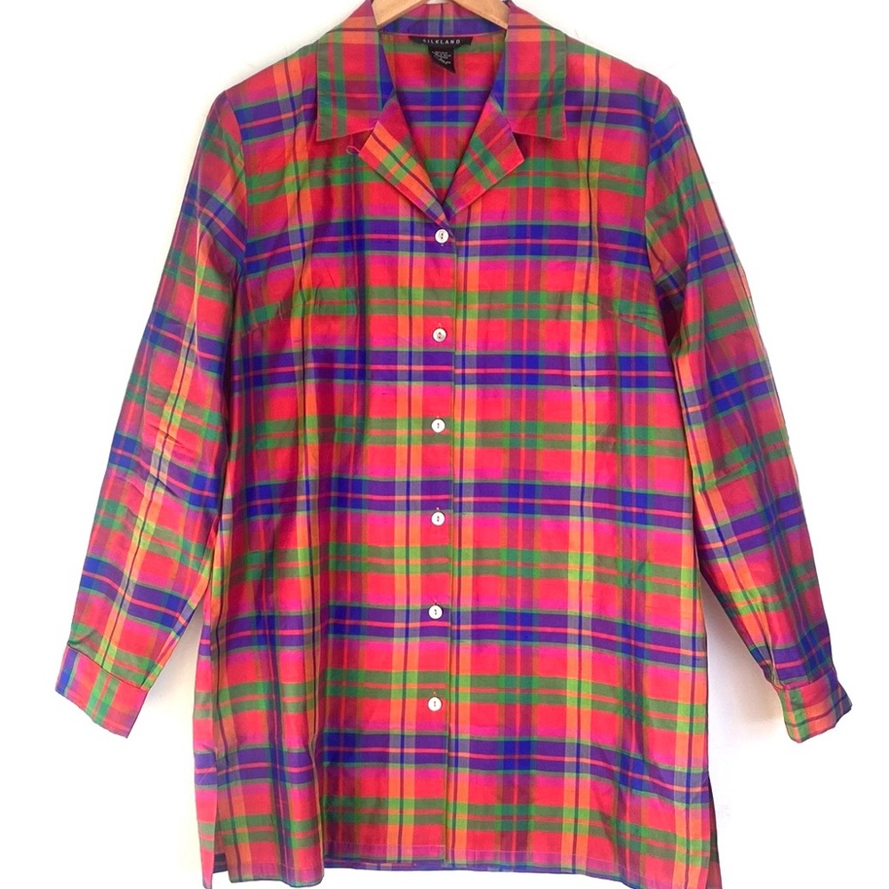 (B47) VTG SilkLand 100% Silk Button up Stripe Long Sleeve Top, Size Large